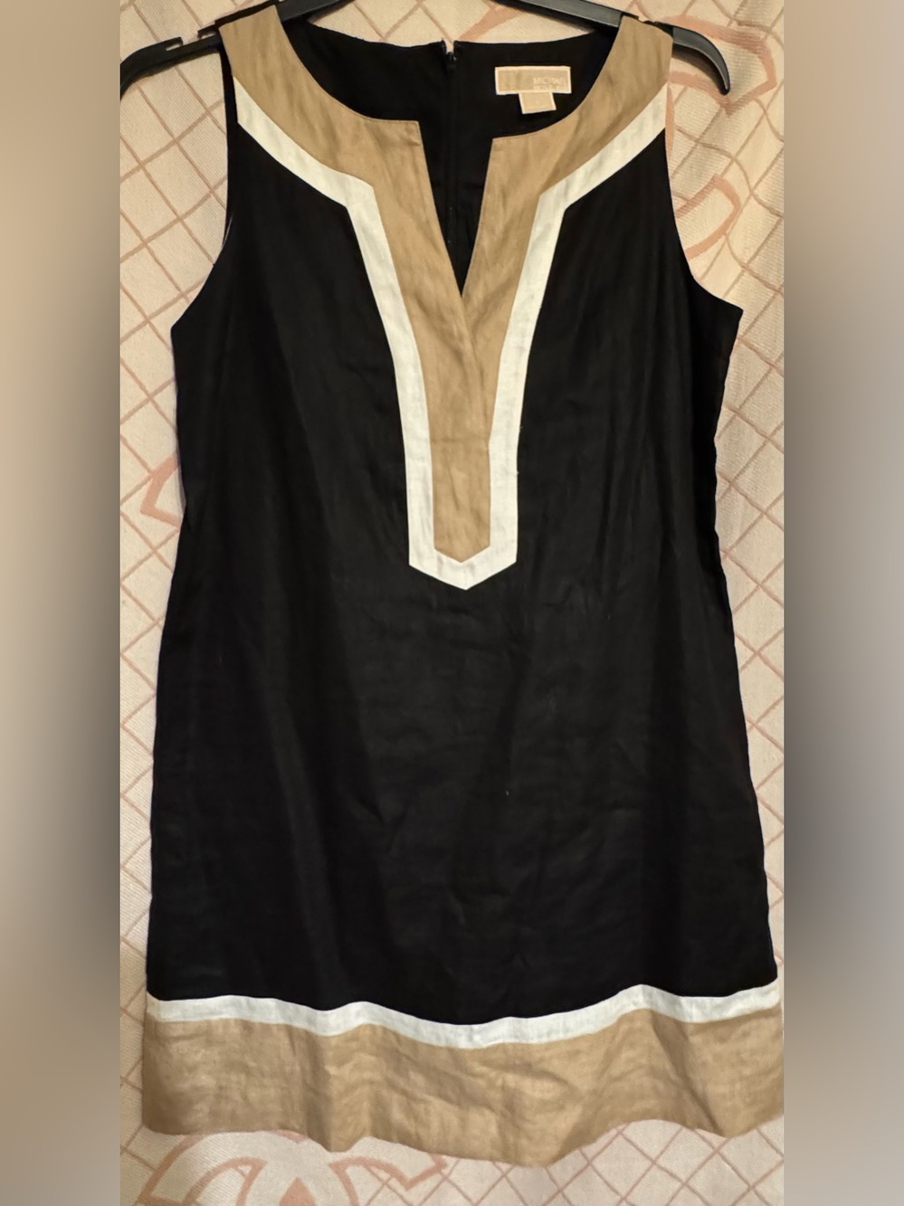 Sleeveless Black Tunic Shift with Tan & White Trim